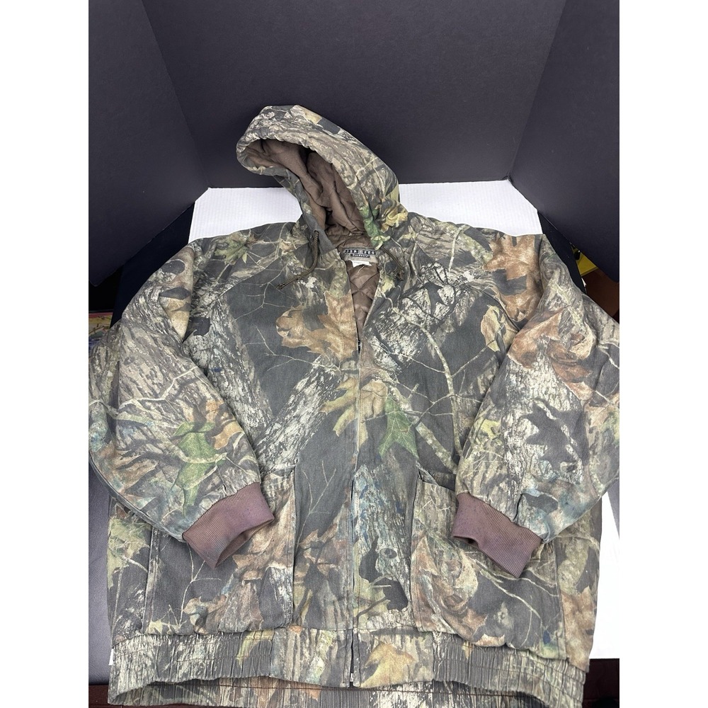 VTG Jerzees Outdoor Camo Hunting Jacket Mens 2XL Hooded Grunge Skater Stains